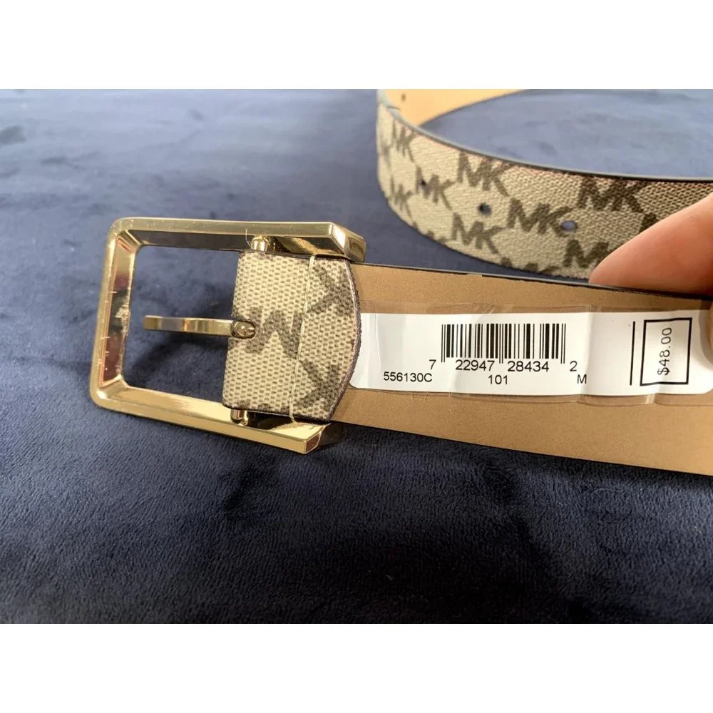 Michael Kors Signature Belt Medium Ivory Brown Logo Gold Buckle New with‎ tags